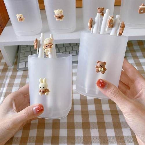 简易透明磨砂笔筒办公室多功能笔筒化妆刷口红杂物文具收纳笔筒