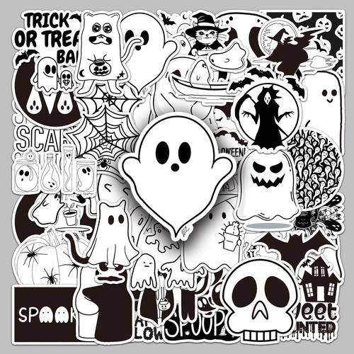 50张黑白万圣节卡通行李箱贴纸防水涂鸦贴纸滑板电脑平板卡通装饰