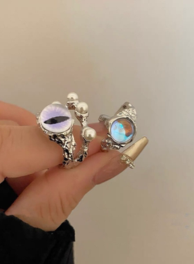 欧美重工小众暗黑双层猫眼珍珠戒指女ins冷淡风高级感开口指环潮