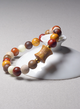 多宝民族风小单圈手串绿檀竹节雕刻六字木质佛珠手链饰品配饰礼物