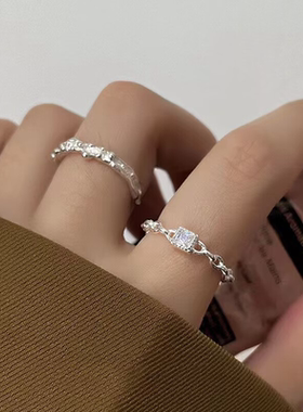 闪亮小方钻锡纹戒指女轻奢小众设计高级感简约时尚百搭开口指环