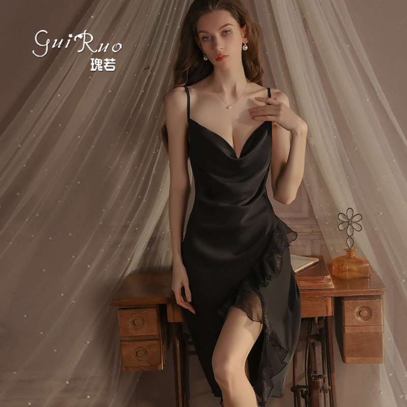 瑰若内衣时尚深V荡领冰丝吊带睡裙外袍家居服慵懒风女士套装4459
