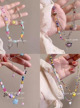 多巴胺彩色糖果串珠蝴蝶结项链女秋冬新款甜美毛衣链甜酷风锁骨链
