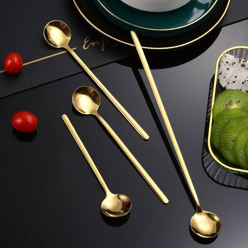 304不锈钢甜品小圆勺创意钛金长柄咖啡搅拌勺蜂蜜马克杯勺子