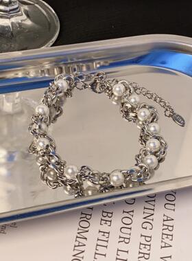 2026钛钢粗款重工珍珠缠绕女颈链小众设计项链锁骨链女百搭毛衣链