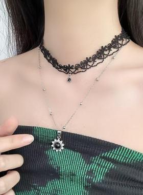 2026轻奢高级感项链黑色系蕾丝叠戴太阳花吊坠项链脖颈链锁骨链配