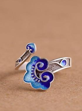 2026新款女士复古蓝色祥云如意滴油戒指宫廷风珐琅开口戒