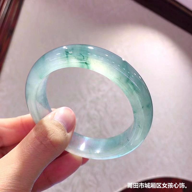 2025冰种水润飘蓝花翡翠手镯圆条天然缅甸翡翠晴水圆条玉镯子贵妃