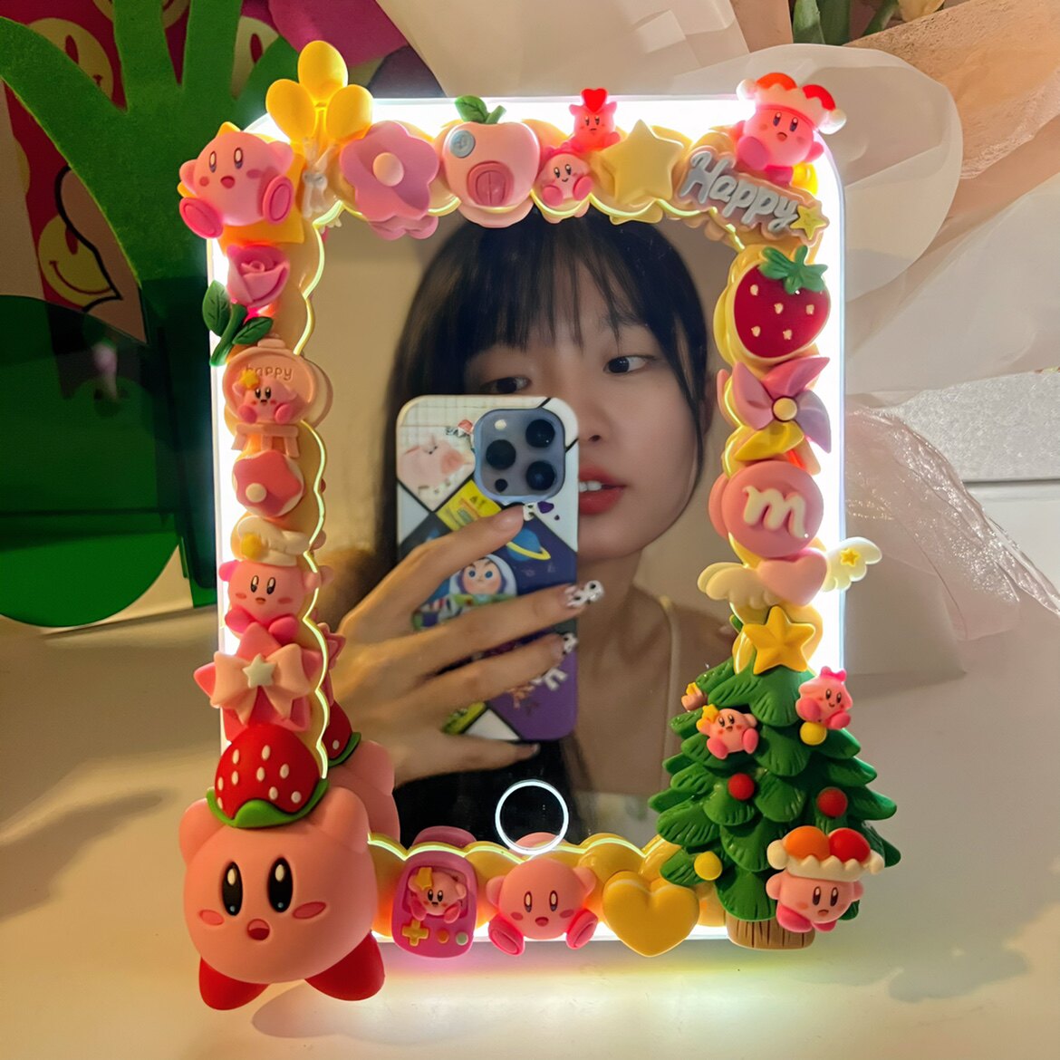 led台式单面镜化妆镜便携星之卡比卡通奶油胶手工diy生日礼物少女