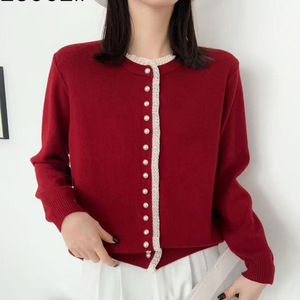 蕾丝花边圆领针织开衫女2025春秋新款小香风洋气减龄显瘦毛衣外搭