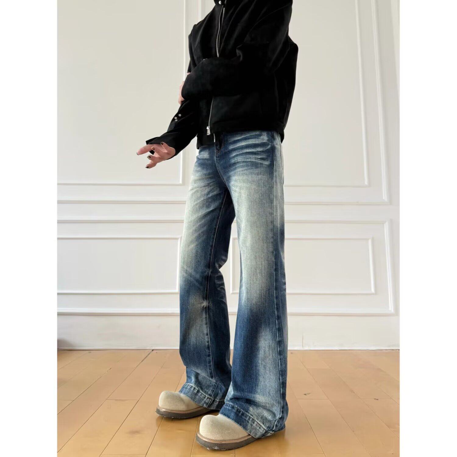 2026秋季新款美式复古直筒裤牛仔裤男宽松高腰显瘦微喇叭阔腿裤子