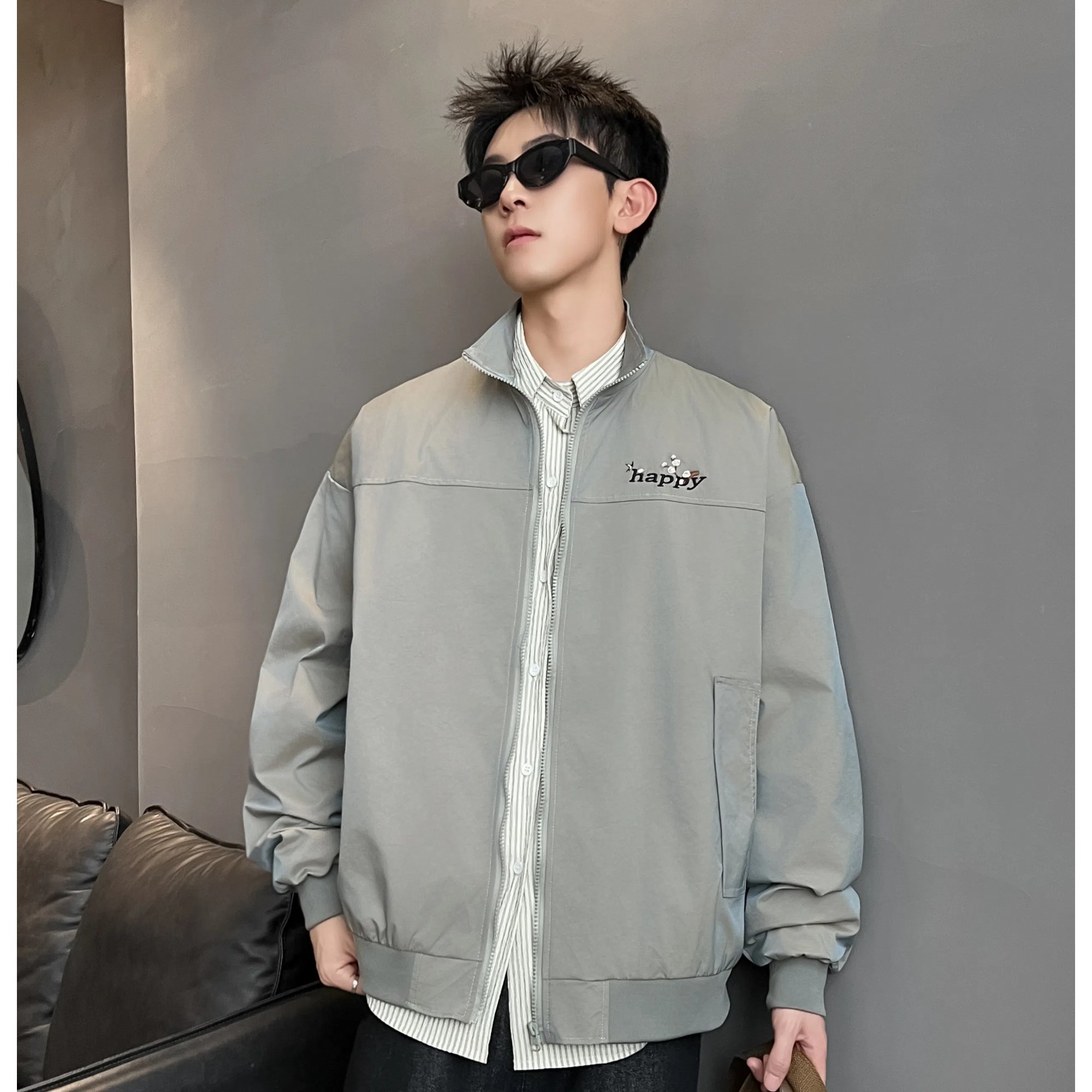 美式复古工装立领外套男春秋季潮牌拼接设计飞行员夹克短款棒球服