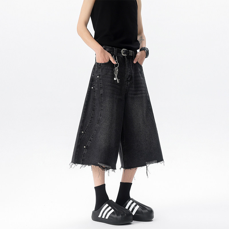 美式高街复古破洞七分牛仔裤男款水洗波浪设计感流苏毛边阔腿短裤