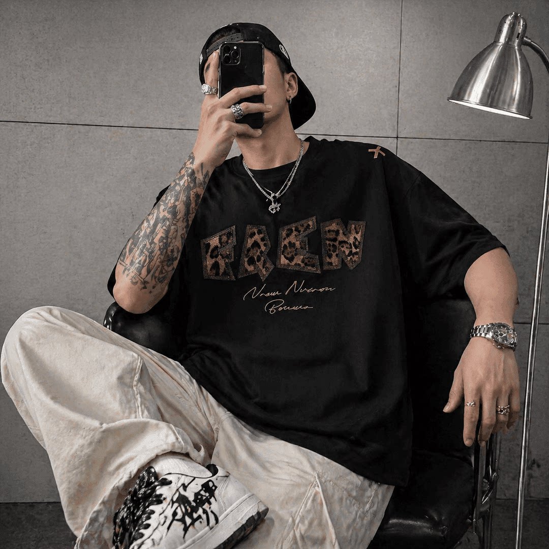 美式高街豹纹刺绣宽松短袖T恤