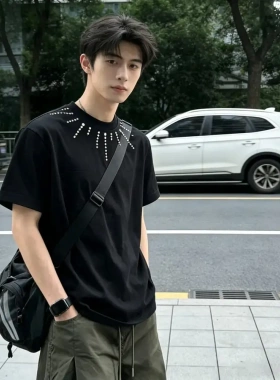 cleanfit垫肩白色短袖男夏季美式高街烫钻设计感小众廓形半袖t恤