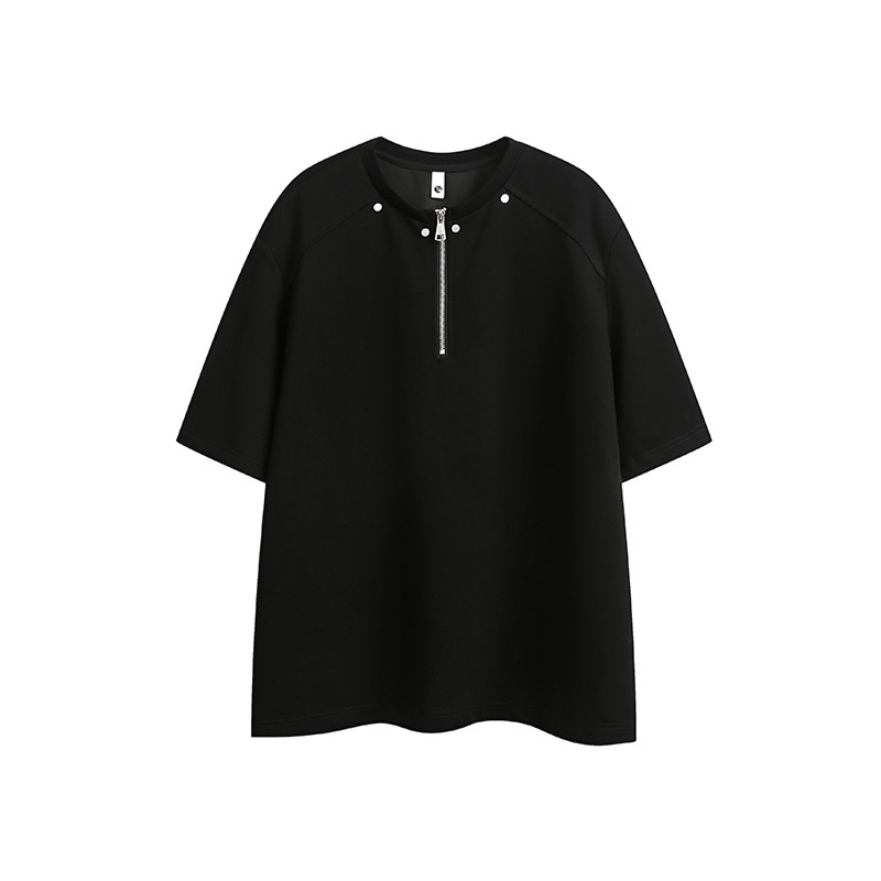 美式休闲半拉链设计感T恤男夏季潮牌高级感男装重磅简约情侣短袖