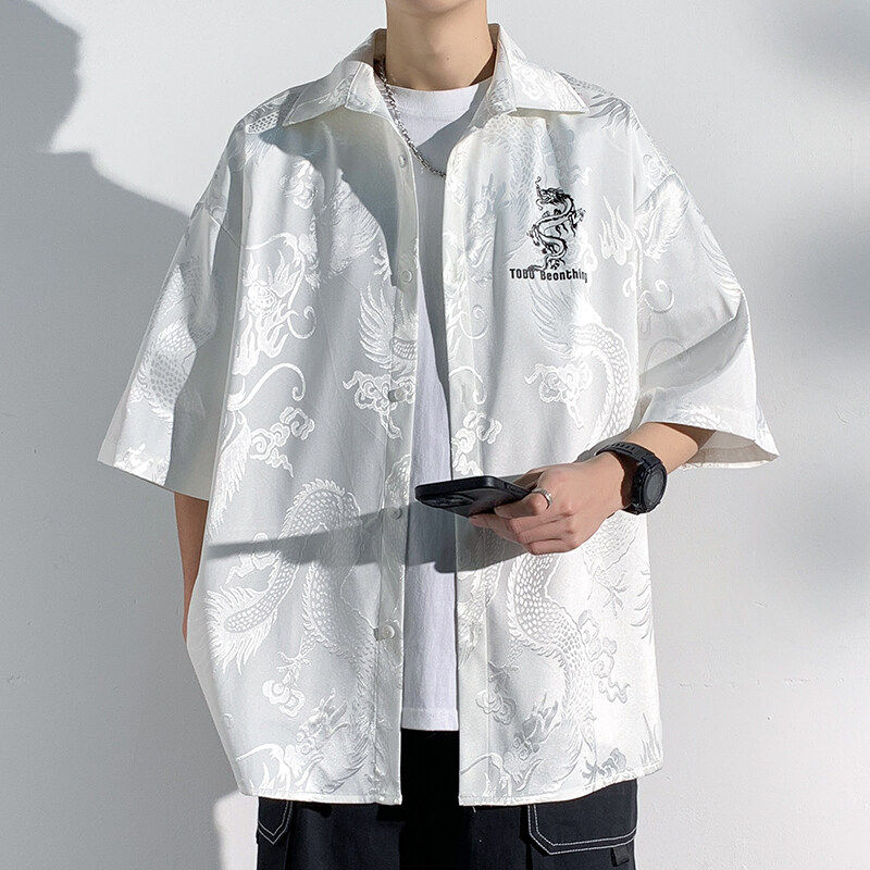 新春时尚高端男士新中式短袖衬衫男夏季薄款少年感穿搭男友风上衣