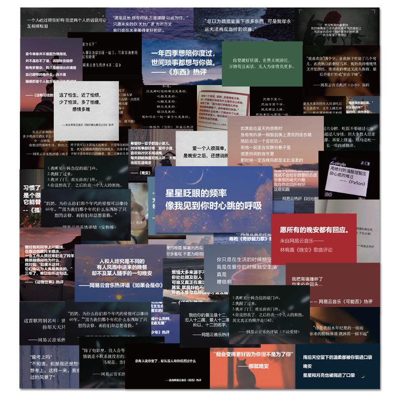 55张网易云热评文字贴纸文案贴纸手机壳笔记本行李箱手账贴纸