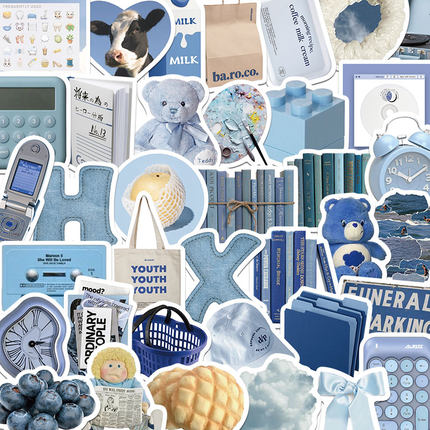 60张蓝色涂鸦贴纸ins风手机壳电脑ipad笔记本贴画防水行李箱贴纸