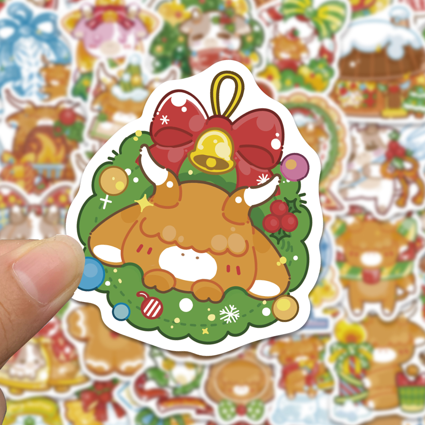 50张圣诞节贴纸卡通可爱小牛卡皮巴拉小幽灵贴圣诞氛围营造儿童卡通礼品diy节日活动素材手帐手机壳装饰