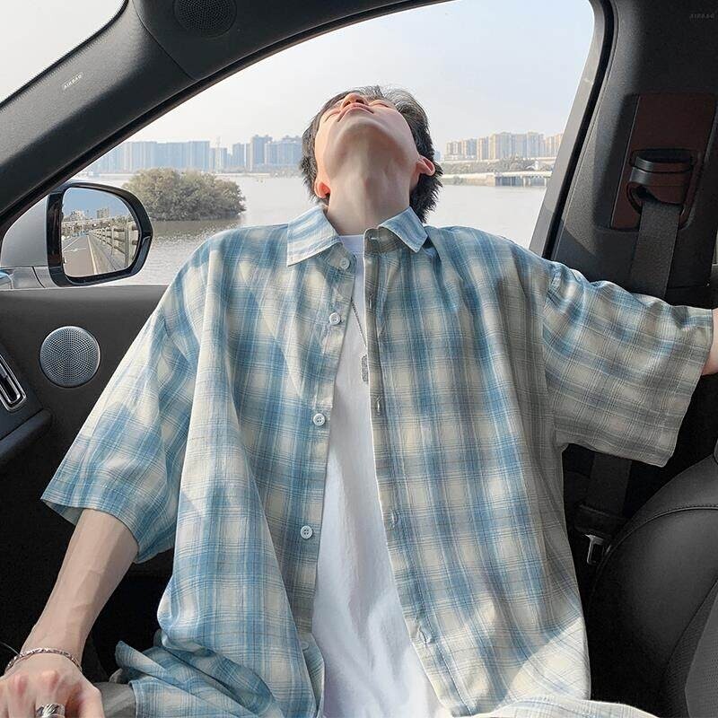 格子短袖大码宽松百搭衬衫男