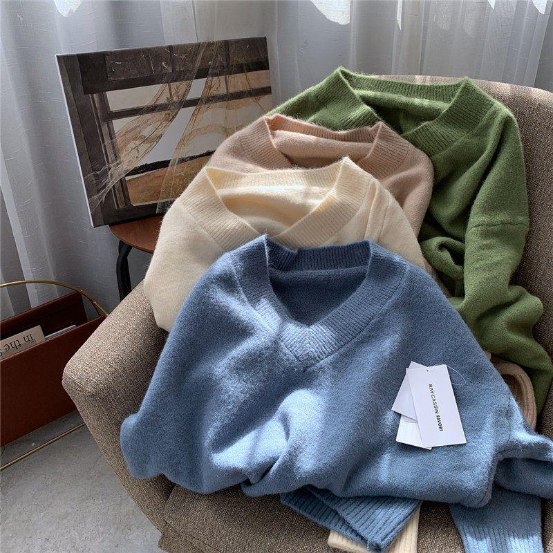 winter autumn oversized knitted cashmere sweater women v-nec