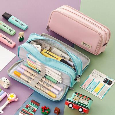 Large Capacity Pencil Case 3 Compartment Pouch Pen Bag Doubl