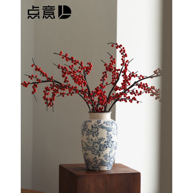 新中式花瓶陶瓷青花瓷景德镇冬青专用红果新年乔迁礼物复古餐桌