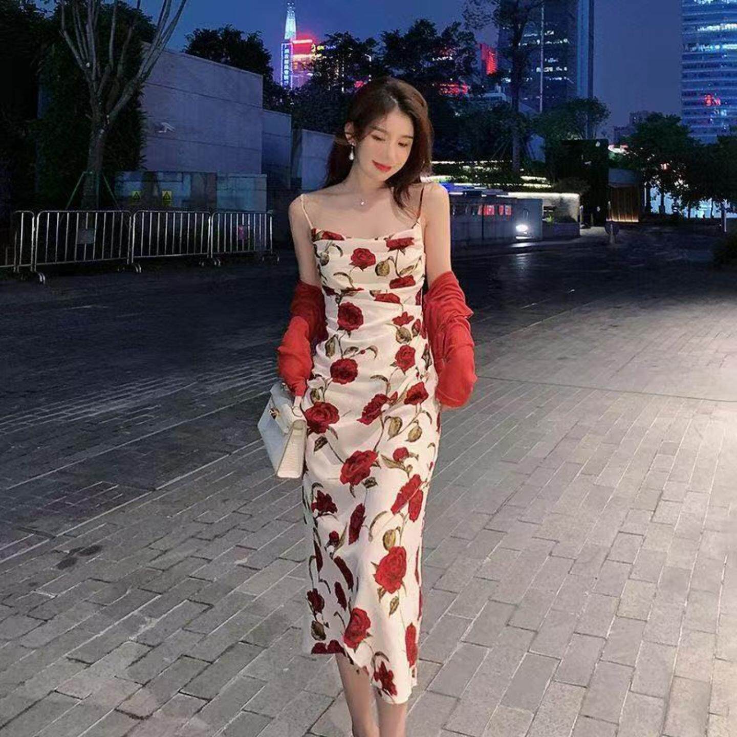 法式复古玫瑰碎花连衣裙女2023