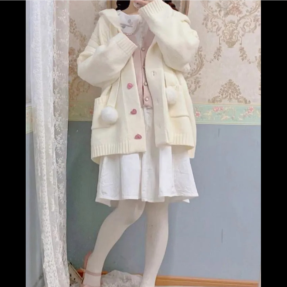 甜美减龄针织衫上衣早秋新款宽松秋冬毛衣外套日系可爱连帽开衫女