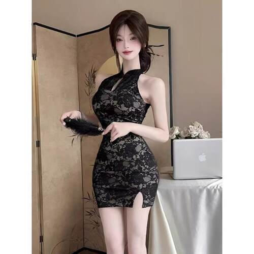 新中式复古改良旗袍袖蕾丝包臀女