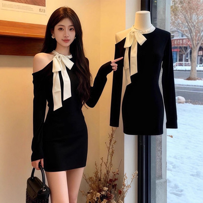 小个子香风黑色连衣裙子秋冬季女