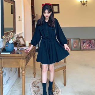 连衣裙短裙女裙子潮 POLO领抽绳收腰显瘦小个子长袖 2025春秋装 韩版