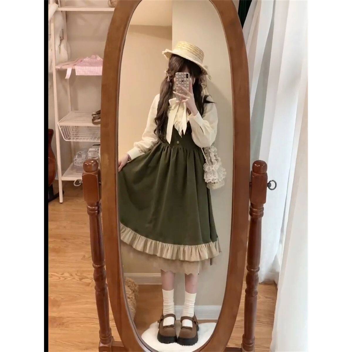 森系甜美学院风设计感背带连衣裙子女早秋长袖系带衬衫上衣两件套