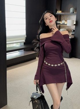 紫色一字肩喇叭袖连衣裙女春秋季纯欲性感修身显瘦褶皱包臀短裙子