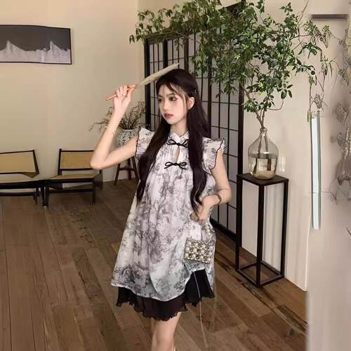 新中式水墨小飞袖娃娃裙女夏季