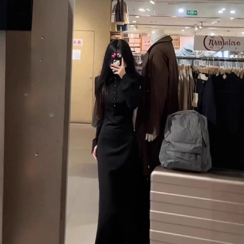 新中式穿搭长袖黑色连衣裙子女