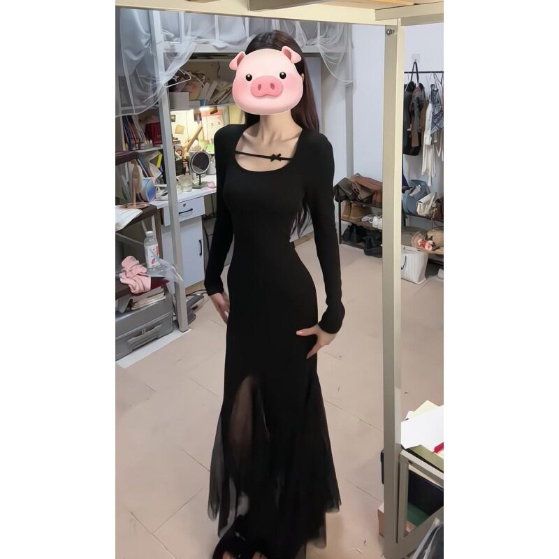 黑色鱼尾连衣裙女春款显瘦包臀