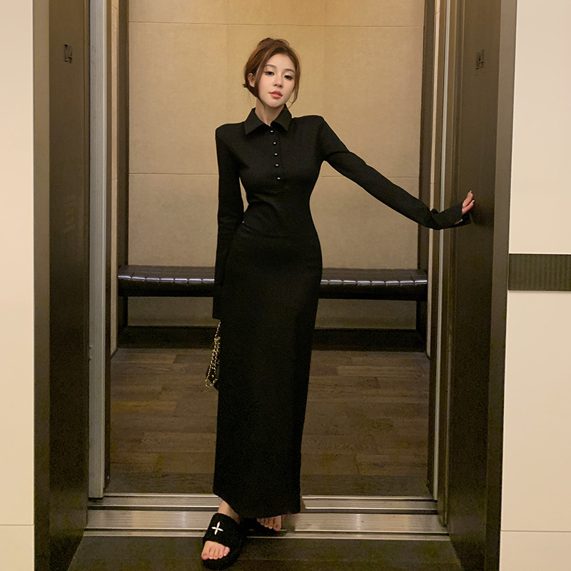 新款黑色法式衬衫连衣裙女2025年秋季长袖收腰修身显瘦长裙