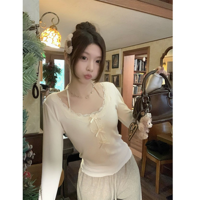 螺纹德绒蕾丝磨毛保暖打底衫女秋冬纯欲吊带内搭t恤短上衣女