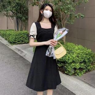 法式收腰显瘦拼接连衣裙韩版修身洋气时尚中裙森系气质遮肉a字裙
