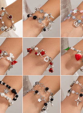欧美跨境朋克辣妹镂空五角星爱心吊坠手链 甜酷ins草莓串珠手饰女