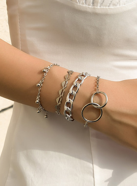 时尚个性金属双环吊球套装手链欧