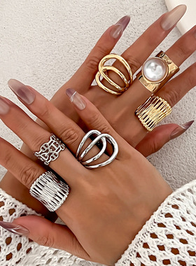 欧美跨境夸张大珍珠金属几何宽面戒指 个性ins线条光面关节戒指环