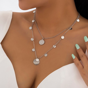 欧美跨境饰品 简约金属立体几何项饰 复古人像亮片流苏双层项链女