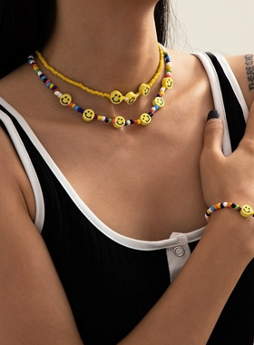 欧美跨境饰品简约彩色米珠链条项