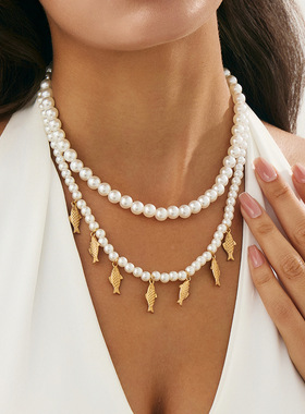 欧美跨境甜酷ins风仿珍珠串珠项