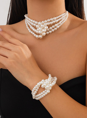 欧美跨境气质叠戴打结仿珍珠项链