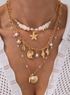 欧美海洋风海星扇贝壳海螺吊坠项链女 ins仿珍珠贝壳片锁骨链项饰