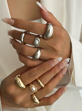 欧美跨境ins风金属光面开口戒指套装女 个性镶仿珍珠叠戴指环手饰